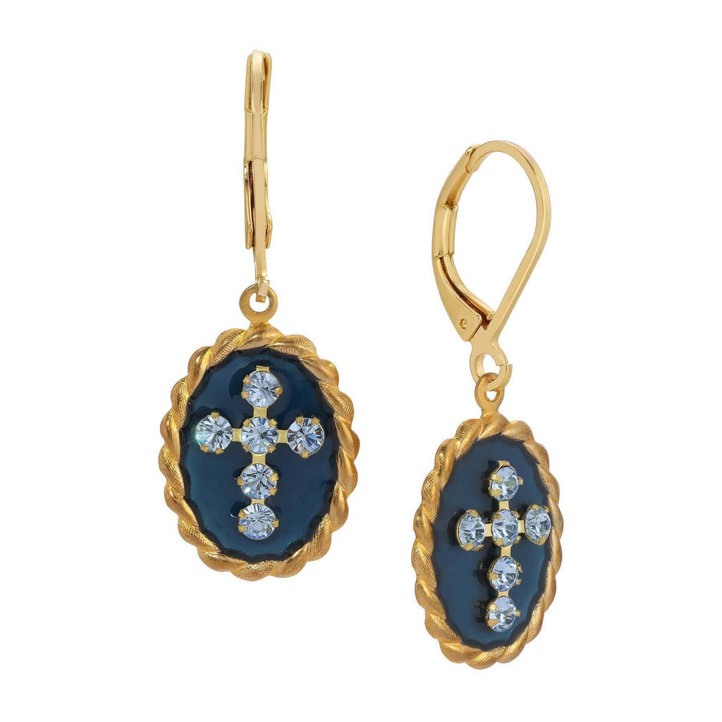 Blue Enamel Crystal Cross Oval Roped Drop Earrings