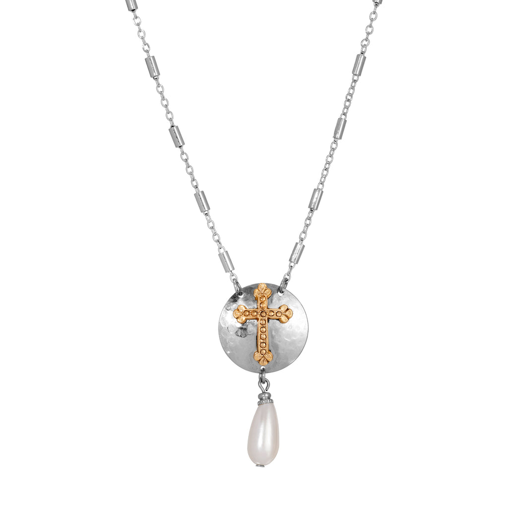 Silver Shield & Cross Pearl Drop Necklace 16" + 3" Extension