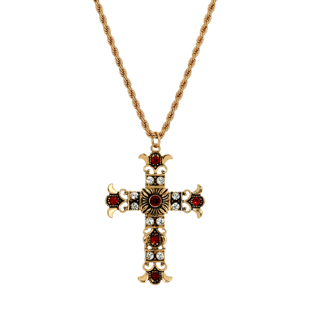 Symbols Of Faith Royal Clear And Red Crystal Cross Pendant Necklace 16" + 3" Extension