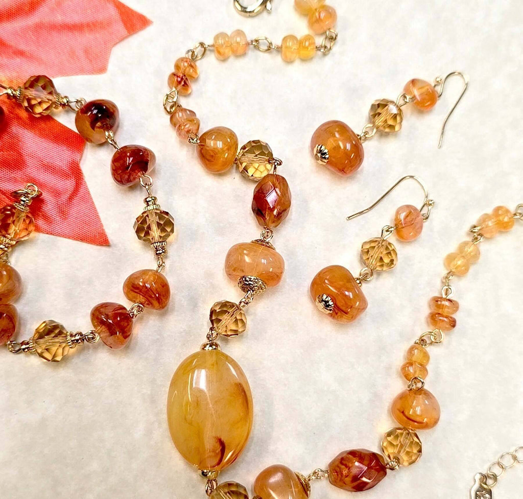 Marble Effect Carnelian Beads & Topaz Crystals Dangling Earrings