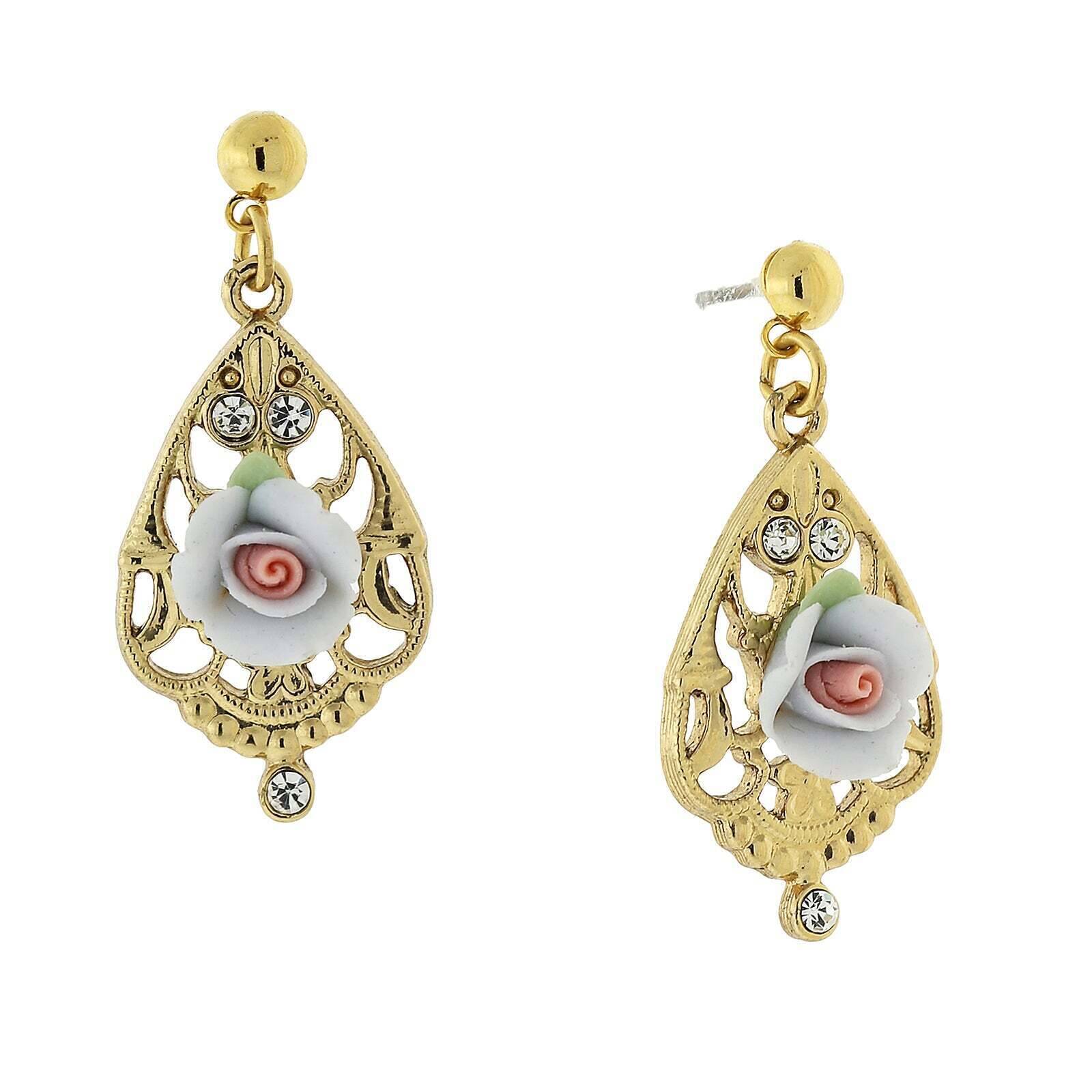 1928 Jewelry Porcelain Rose With Crystal Accent Filigree Drop Earrings