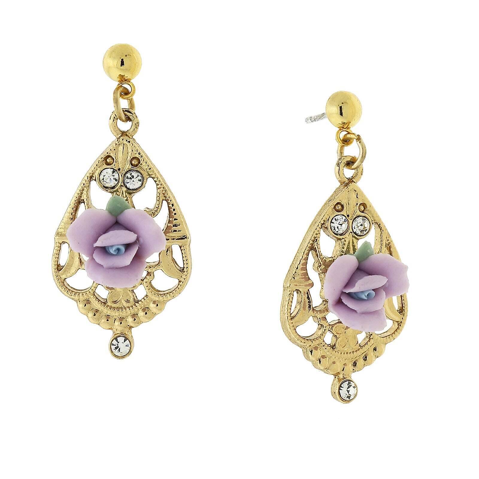 1928 Jewelry Porcelain Rose With Crystal Accent Filigree Drop Earrings