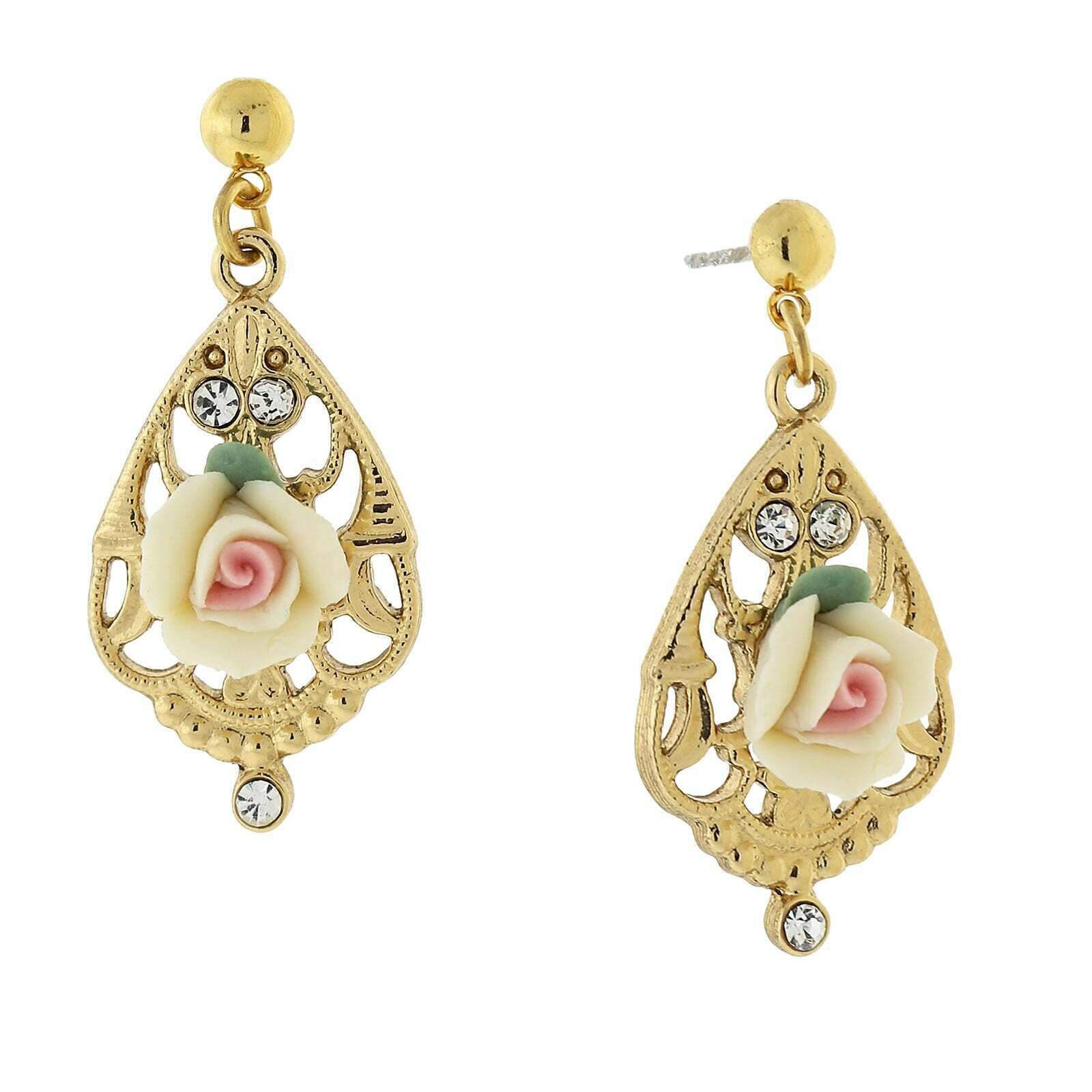 1928 Jewelry Porcelain Rose With Crystal Accent Filigree Drop Earrings