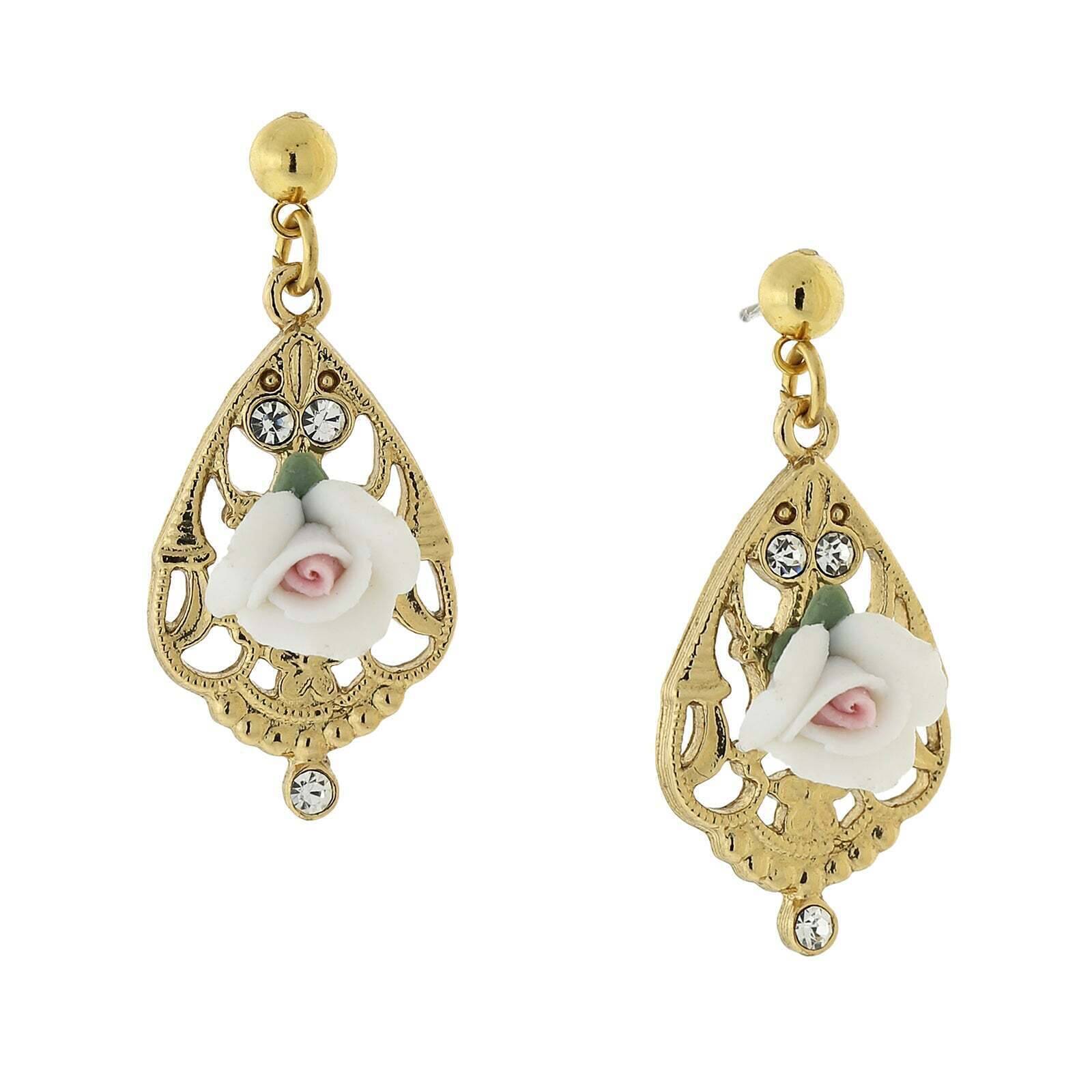 1928 Jewelry Porcelain Rose With Crystal Accent Filigree Drop Earrings