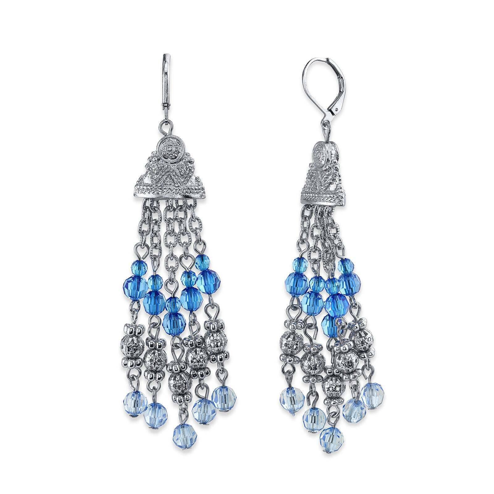 2028 Jewelry Sapphire Blue Crystal Round Puff Filigree Beaded Tassel Drop Earrings