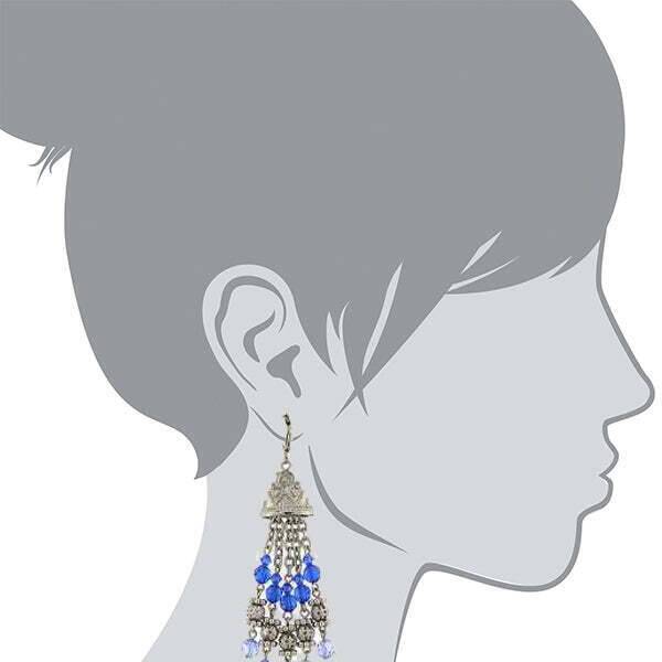 2028 Jewelry Sapphire Blue Crystal Round Puff Filigree Beaded Tassel Drop Earrings