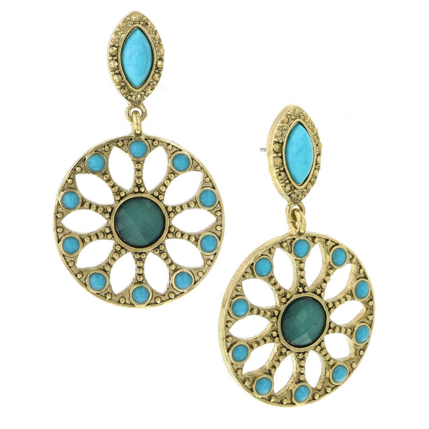 1928 Jewelry Oasis Green & Turquoise Stone Drop Hoop Earrings