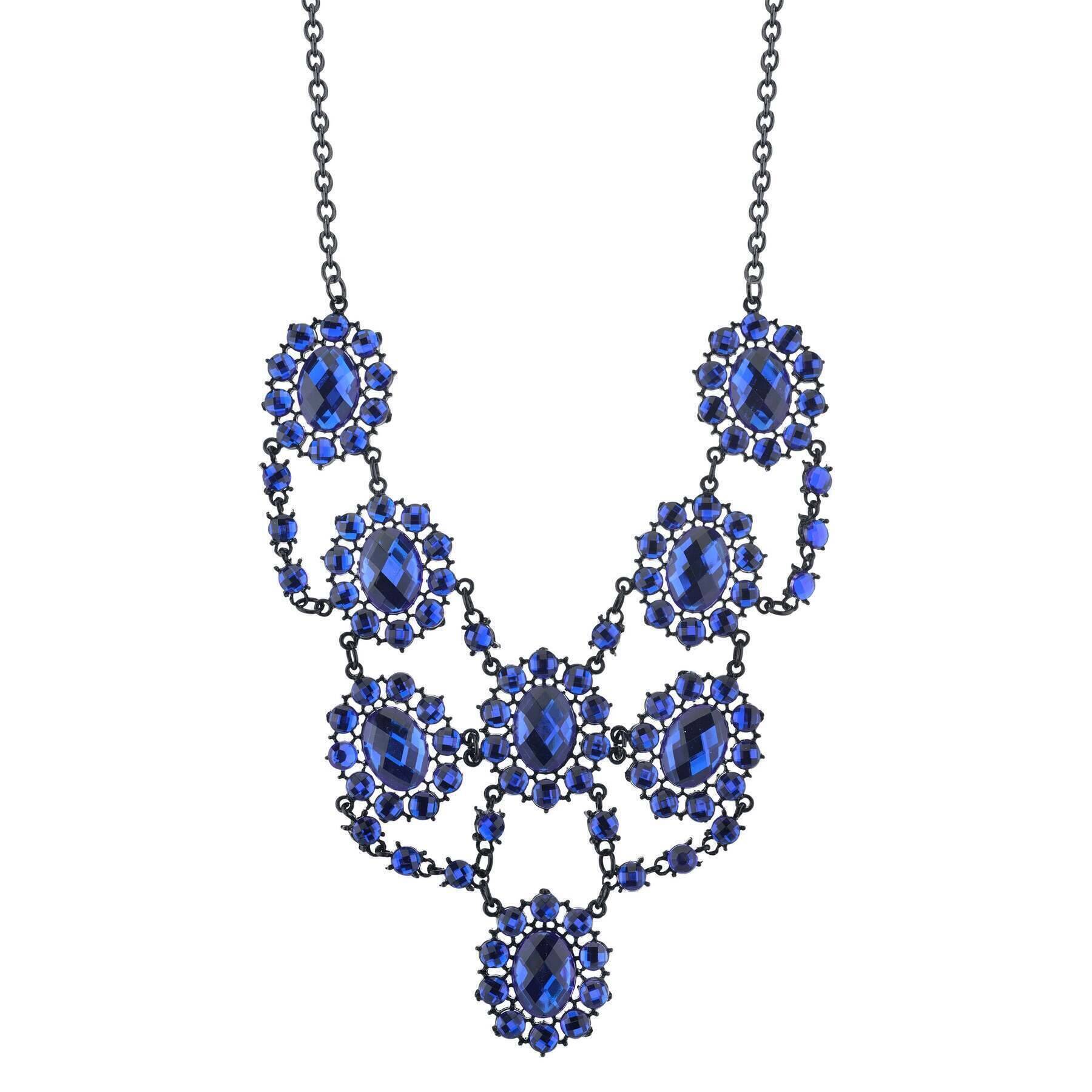 2028 Jewelry Sapphire Blue Faceted Statement Bib Necklace 16" + 3" Extender