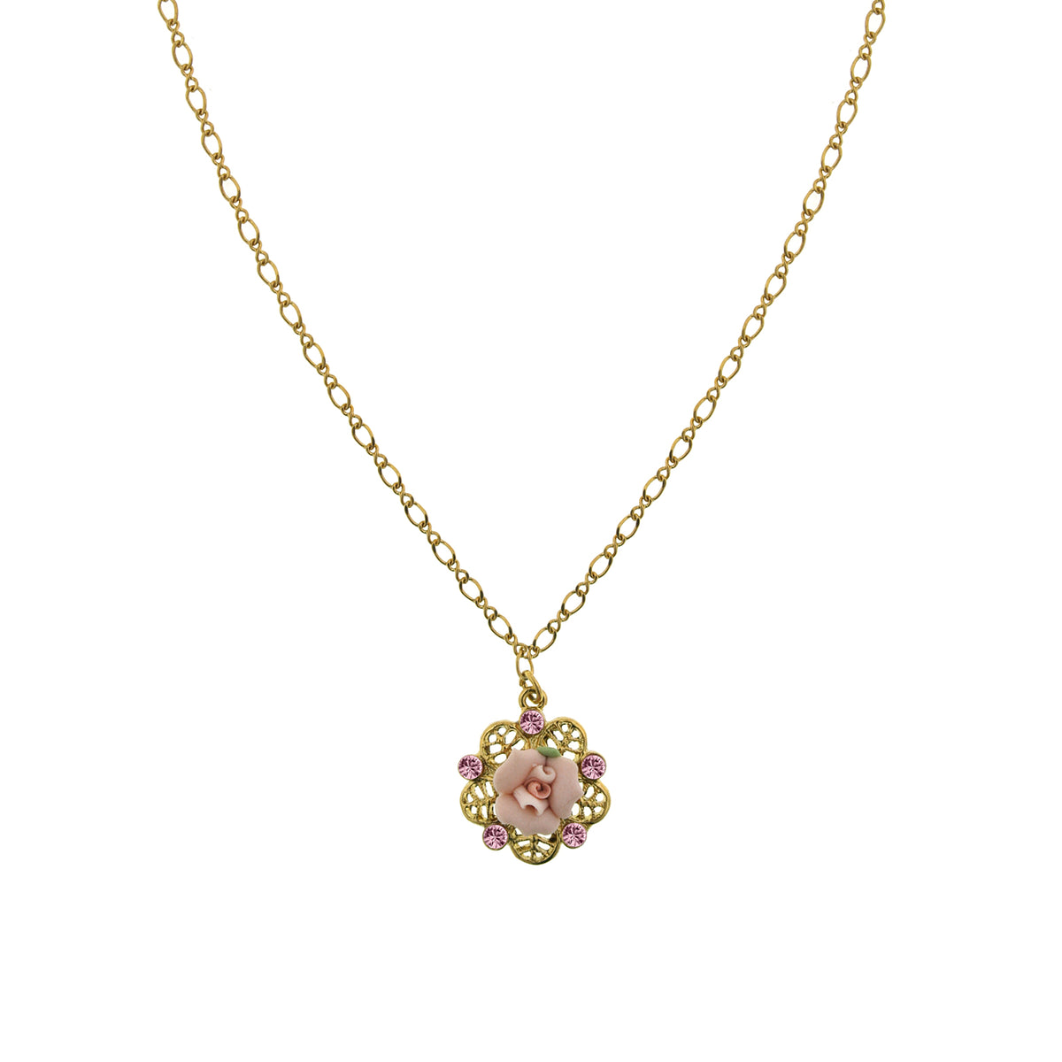 1928 Bridal Pink Crystal And Porcelain Rose Filigree Pendant Necklace ...