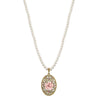 1928 Bridal 6mm Faux Pearl Strand Pink Porcelain Rose Crystal Oval Filigree Pendant Necklace 15