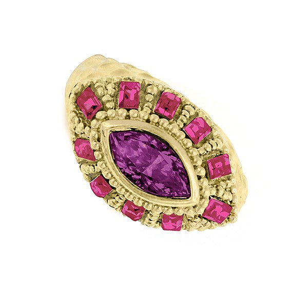 Ruby Stone Ring Gold Fuchsia Vintage Pink Swarovski Crystal 