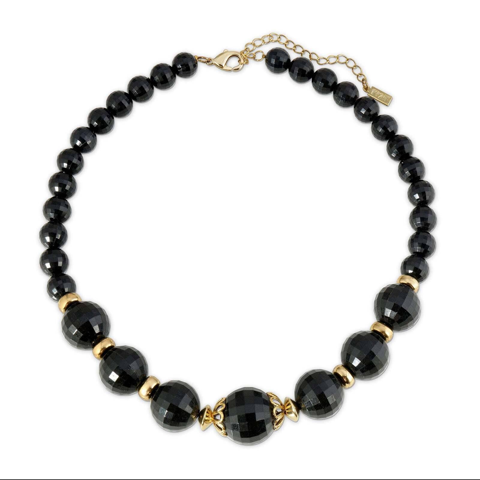 1928 Jewelry Round Black Faceted Beaded Stranded Necklace 16" + 3" Extender