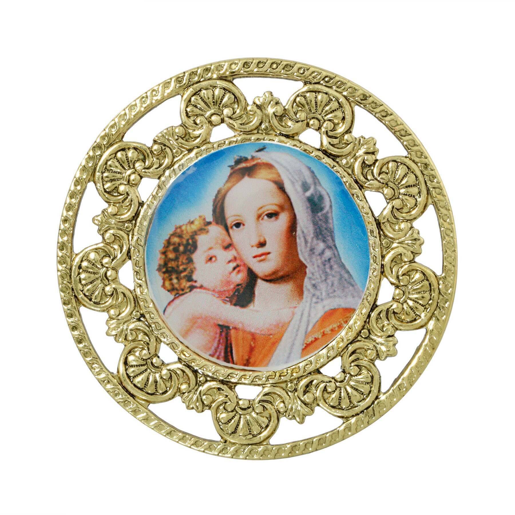 Symbols Of Faith Round Filigree Mary and Child Pin